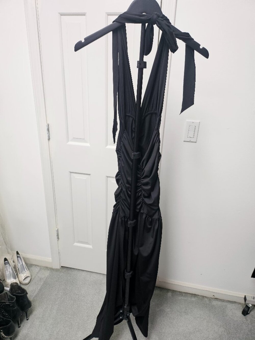 Black maxi halter neck dress with ruching up the front and back - Size Medium